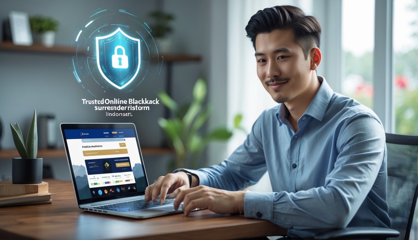 Seorang pria muda sedang mendaftar di platform blackjack online terpercaya dengan laptop di meja kerja di ruang rumah yang terang dan rapi.