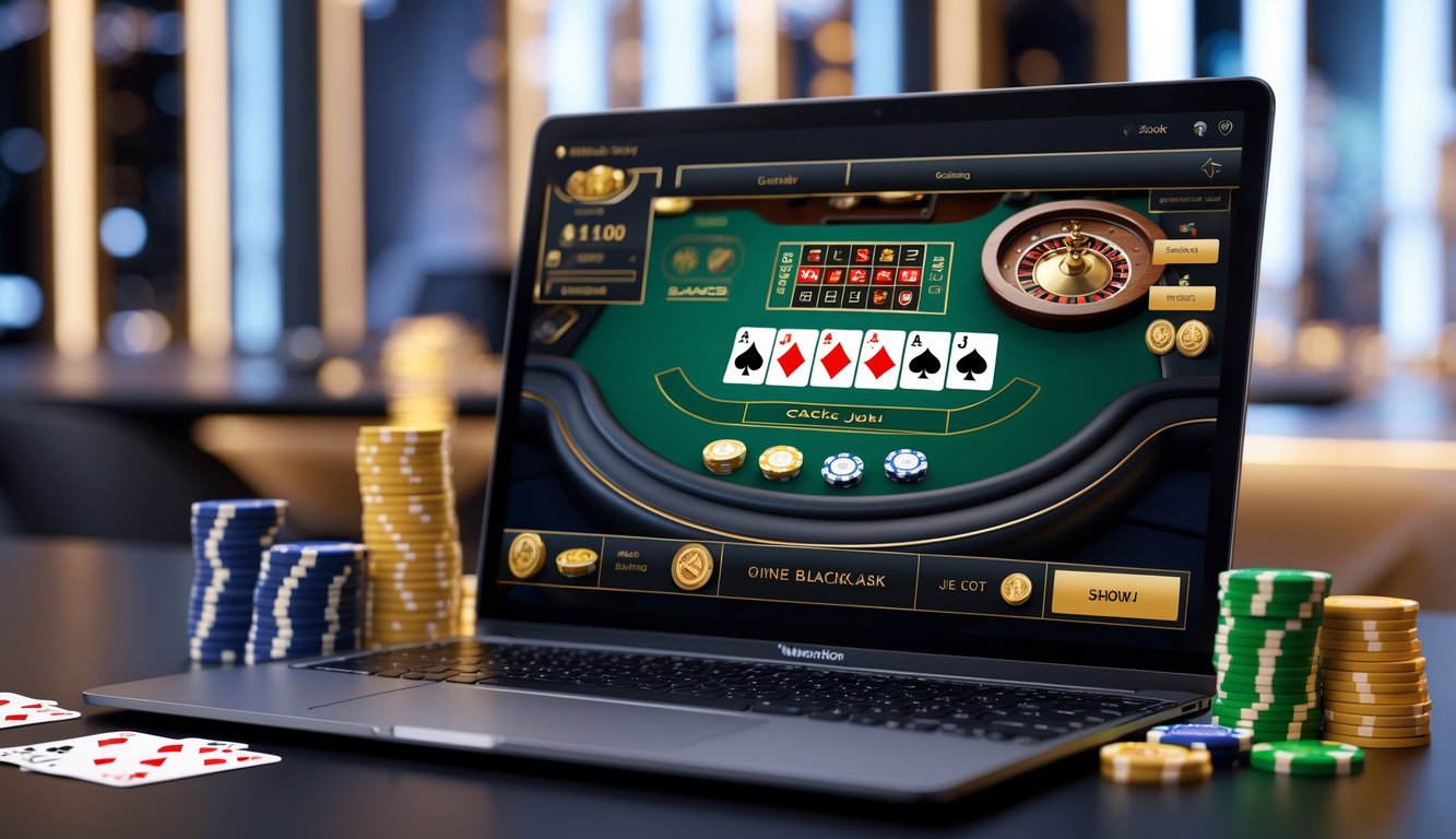 Sebuah meja dengan komputer yang menampilkan permainan blackjack online, dikelilingi oleh chip poker dan kartu remi.