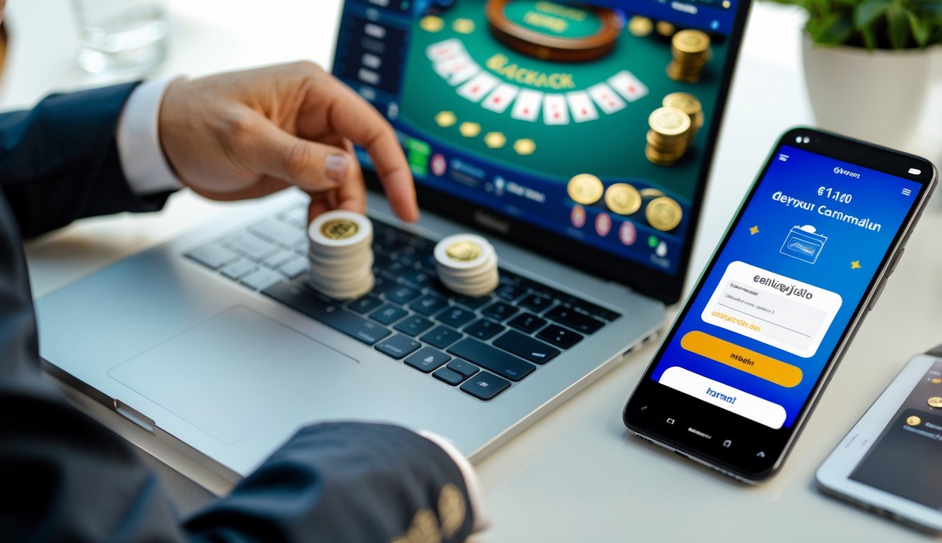 Seseorang menggunakan laptop dan ponsel untuk bermain blackjack online dan melakukan deposit melalui dompet digital.