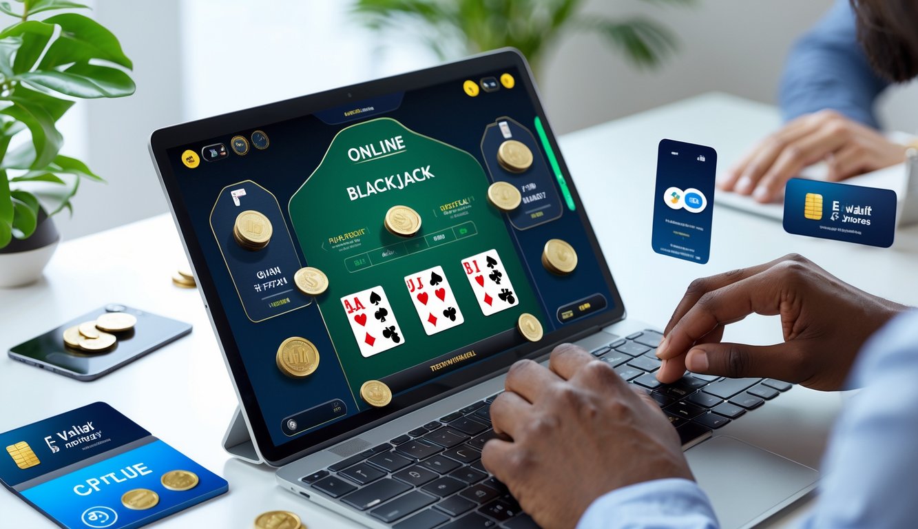 Seseorang menggunakan laptop untuk bermain blackjack online dengan simbol dompet digital dan uang elektronik di sekitar layar.