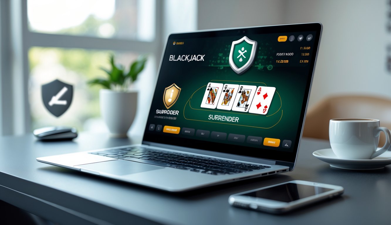 Seorang pria menggunakan laptop dengan permainan blackjack digital di layar, di meja bersih dengan secangkir kopi dan ponsel di dekatnya.