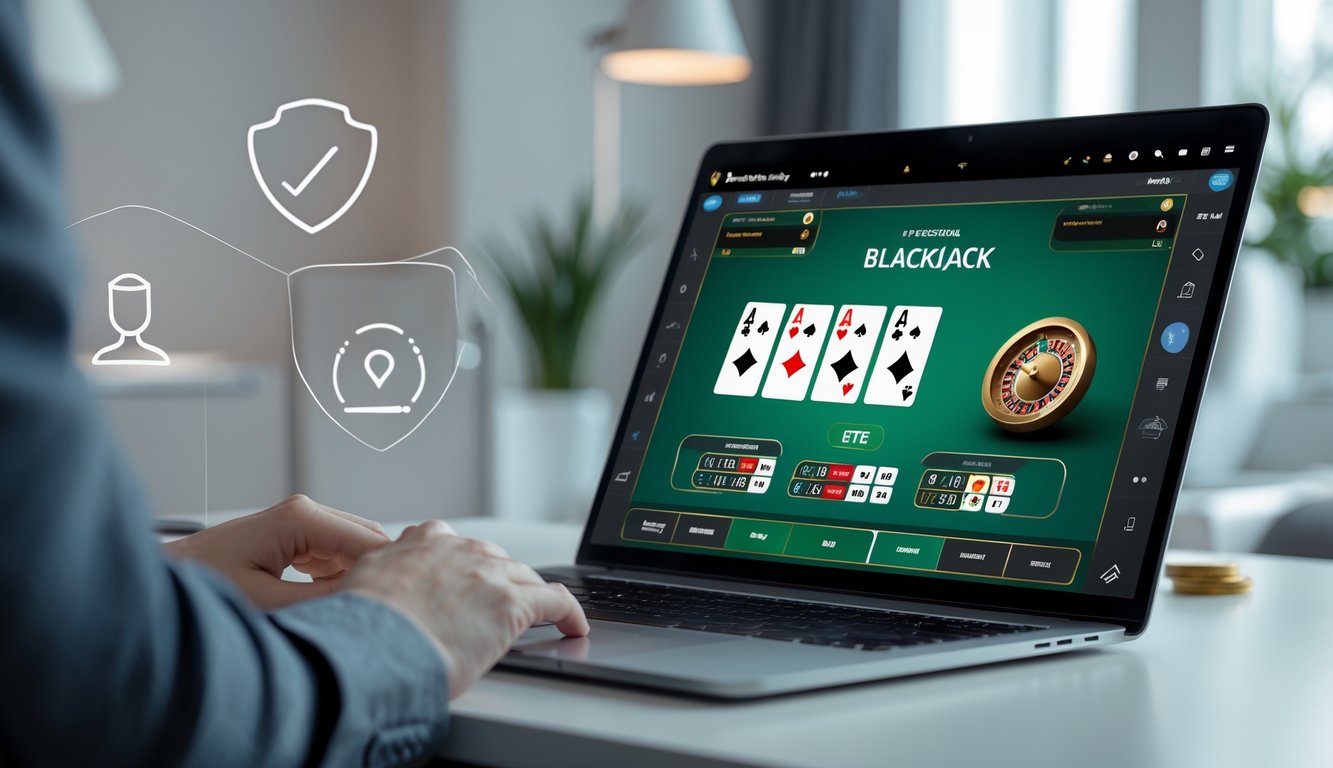 Sebuah meja kerja modern dengan komputer yang menampilkan permainan blackjack online, dikelilingi simbol keamanan dan suasana profesional.