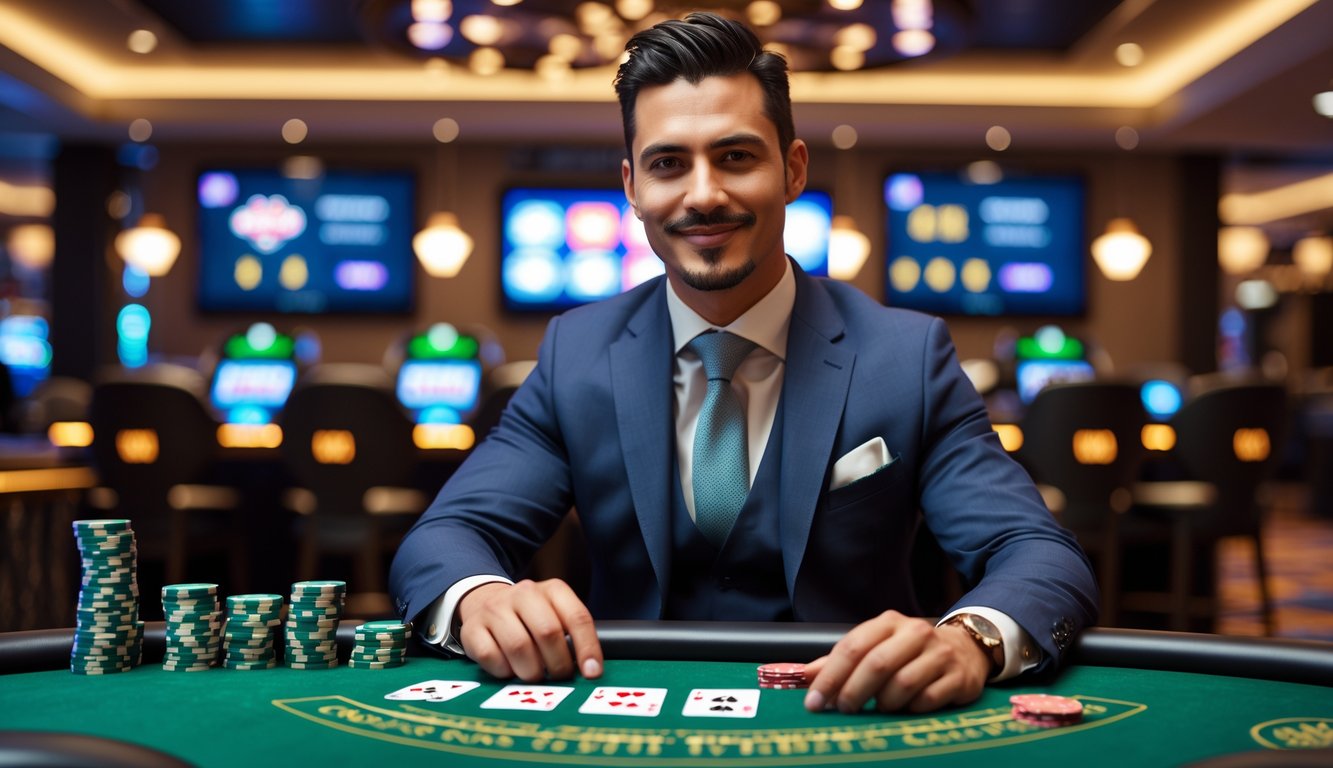 Seorang pria percaya diri duduk di meja kasino dengan kartu blackjack dan chip, terlihat fokus dan tersenyum.