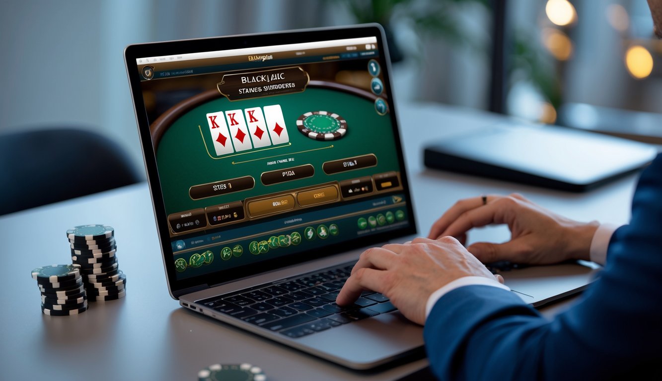 Seorang pemain sedang menggunakan laptop dengan tampilan permainan blackjack online di layar, di meja terdapat tumpukan chip poker.