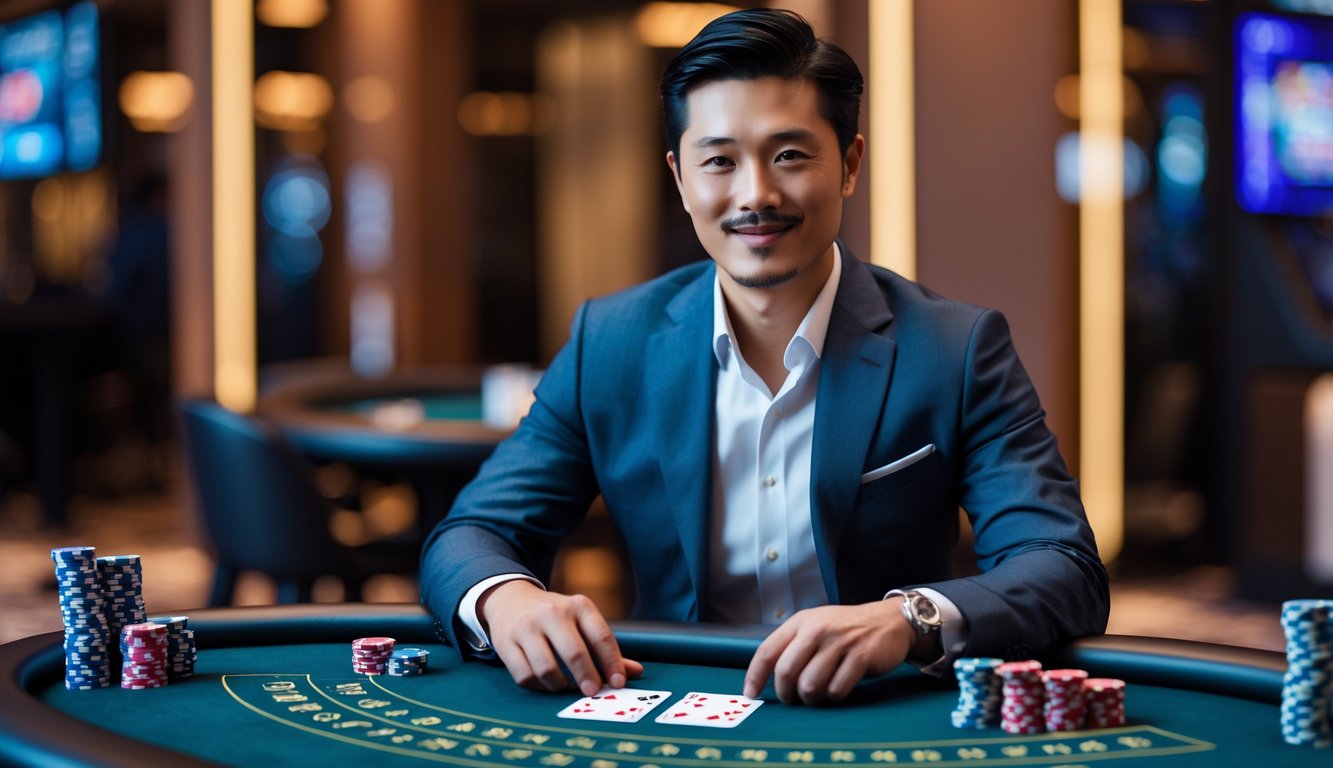 Seorang pria Asia berpakaian rapi duduk di meja kasino modern dengan kartu dan chip poker, tersenyum di dalam ruangan kasino yang mewah.