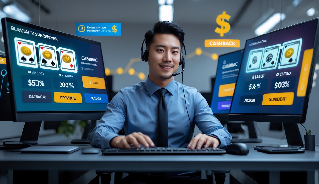 Seorang agen blackjack online sedang bekerja di meja modern dengan beberapa layar komputer menampilkan permainan blackjack surrender dan promo cashback.