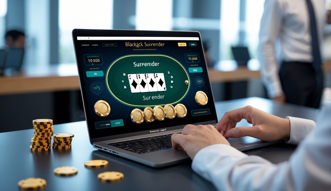 Seseorang menggunakan laptop yang menampilkan permainan blackjack online dengan kartu dan chip di layar, di ruang kerja yang rapi dan terang.