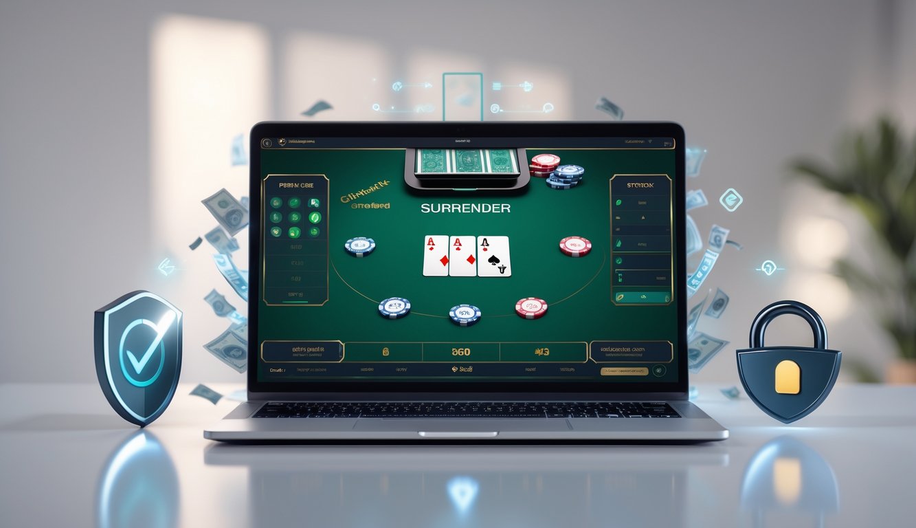 Sebuah laptop modern menampilkan meja blackjack virtual dengan kartu dan chip, dikelilingi ikon keamanan seperti perisai dan gembok digital.