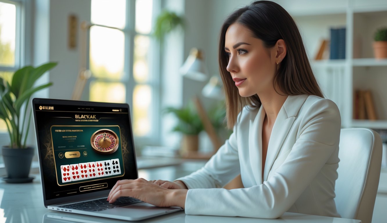 Seorang wanita muda duduk di meja dengan laptop, terlihat fokus pada layar yang menampilkan permainan blackjack online di ruangan yang terang dan rapi.