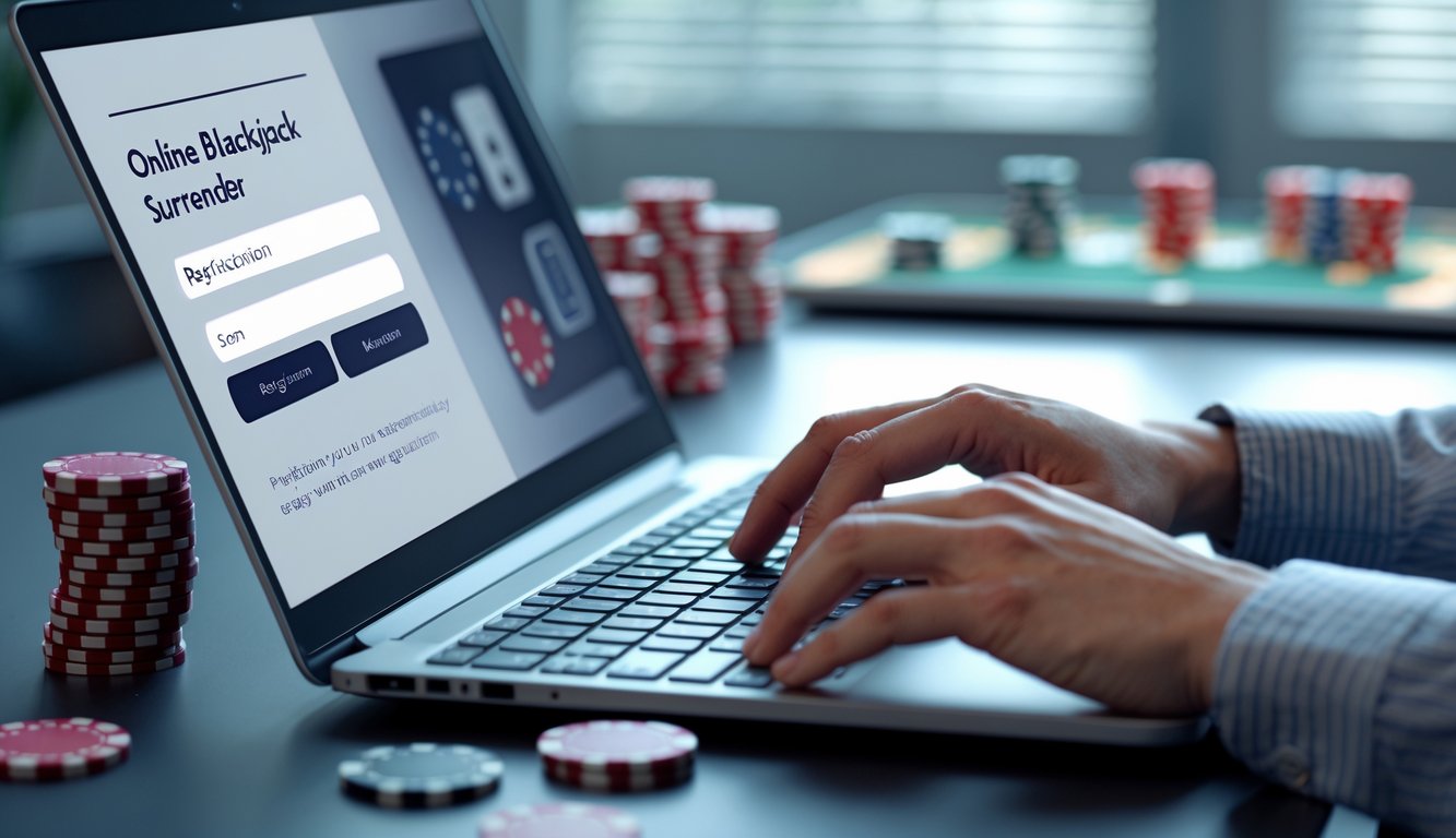 Seseorang sedang mendaftar akun di situs blackjack online menggunakan laptop di ruang kantor yang rapi.