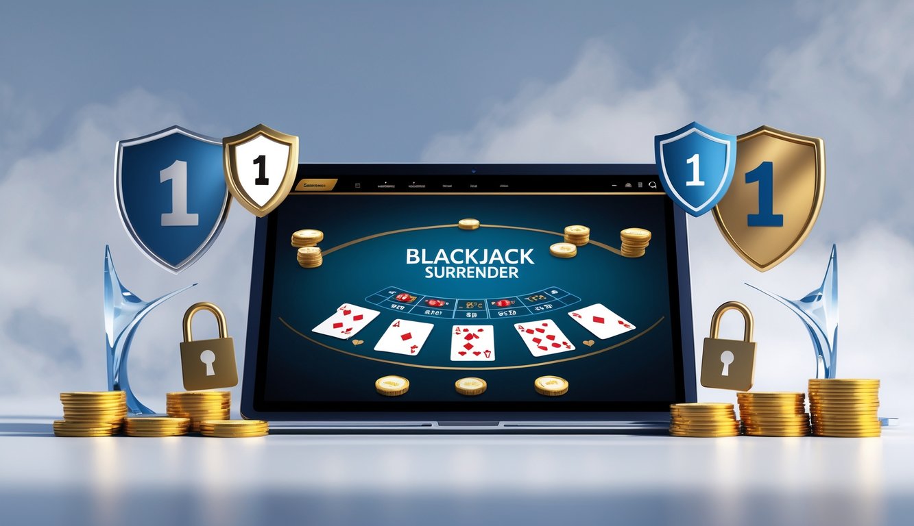 Tampilan layar komputer dengan permainan blackjack online dan simbol keamanan serta trofi di latar belakang.