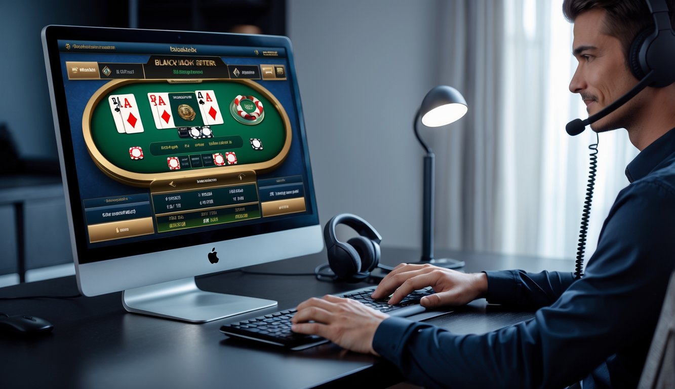 Seorang pemain sedang bermain blackjack online di depan komputer dengan suasana ruang kerja yang nyaman dan perangkat headset di dekatnya.