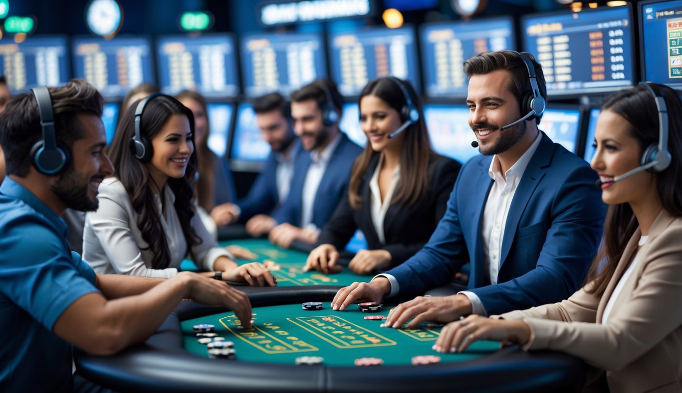 Orang-orang bermain blackjack online dengan seorang petugas layanan pelanggan yang siap membantu di lingkungan kasino digital.