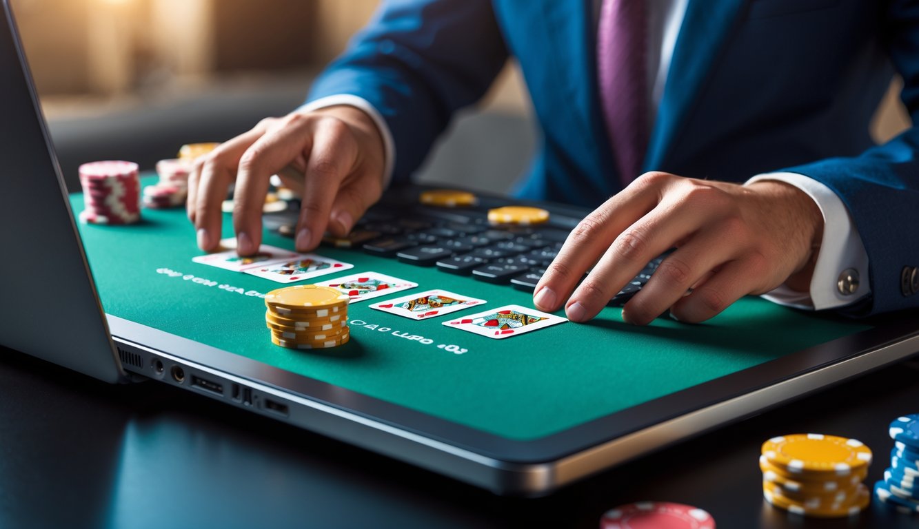 Seseorang bermain blackjack online di depan komputer dengan kartu dan chip terlihat jelas.