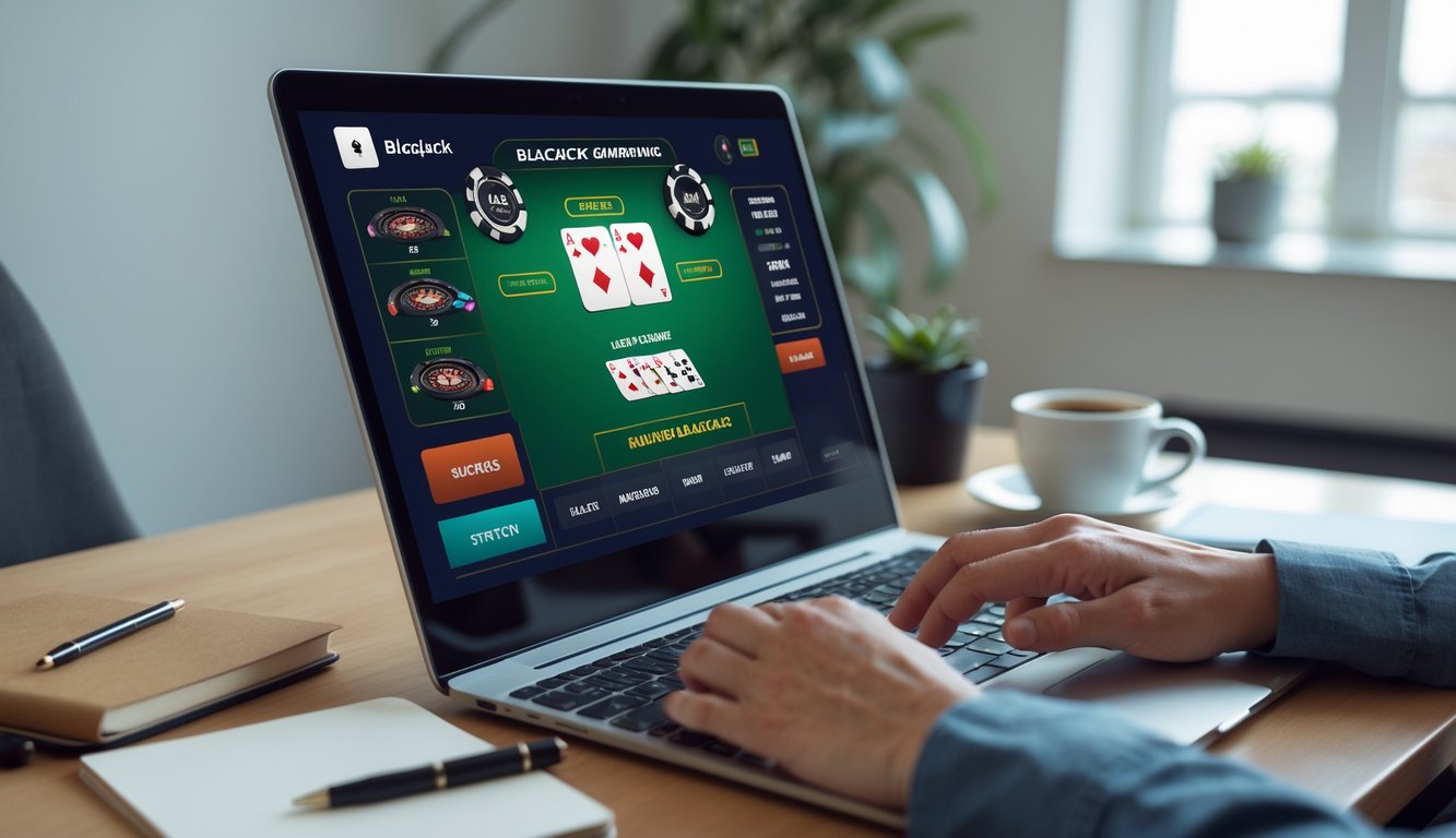 Seseorang menggunakan laptop untuk bermain blackjack online dengan kartu dan chip terlihat di layar, di lingkungan rumah atau kantor yang rapi.