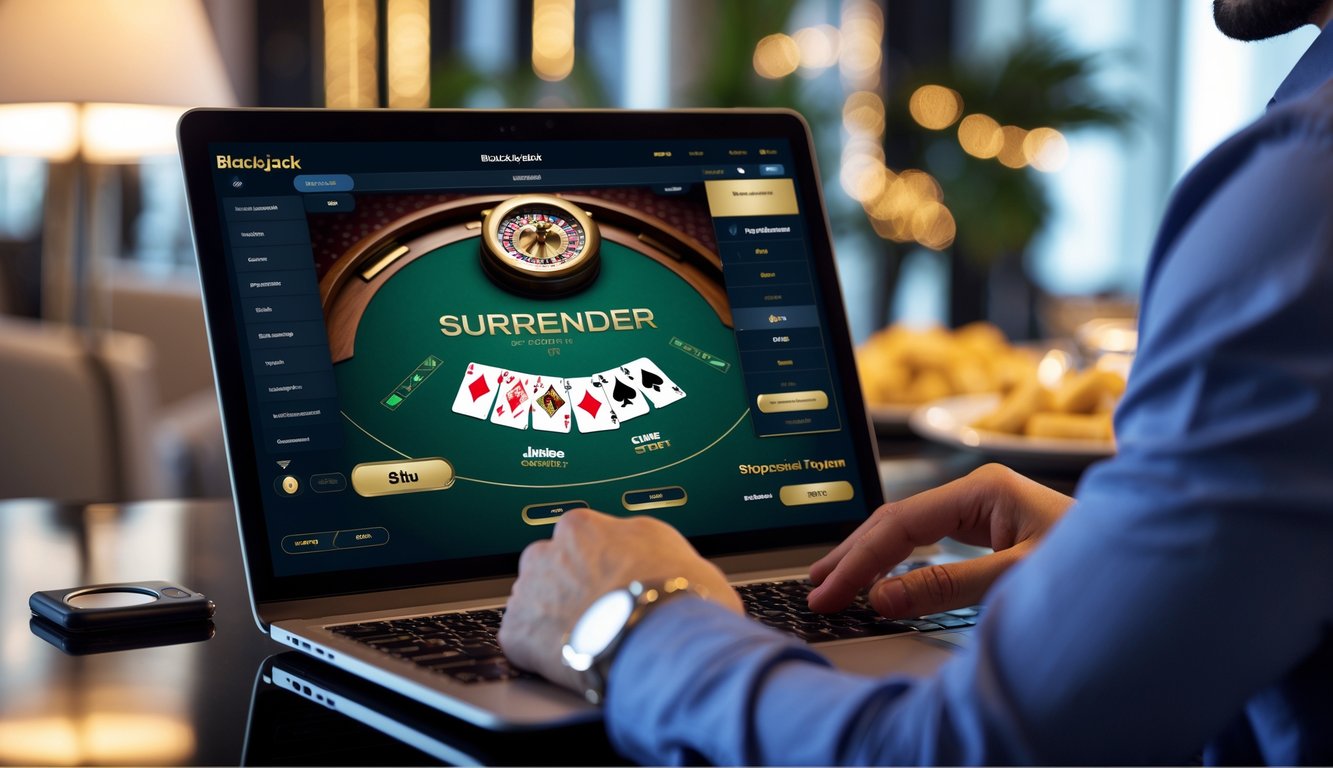 Seorang pemain sedang menggunakan perangkat digital untuk bermain blackjack online di lingkungan yang modern dan mewah.