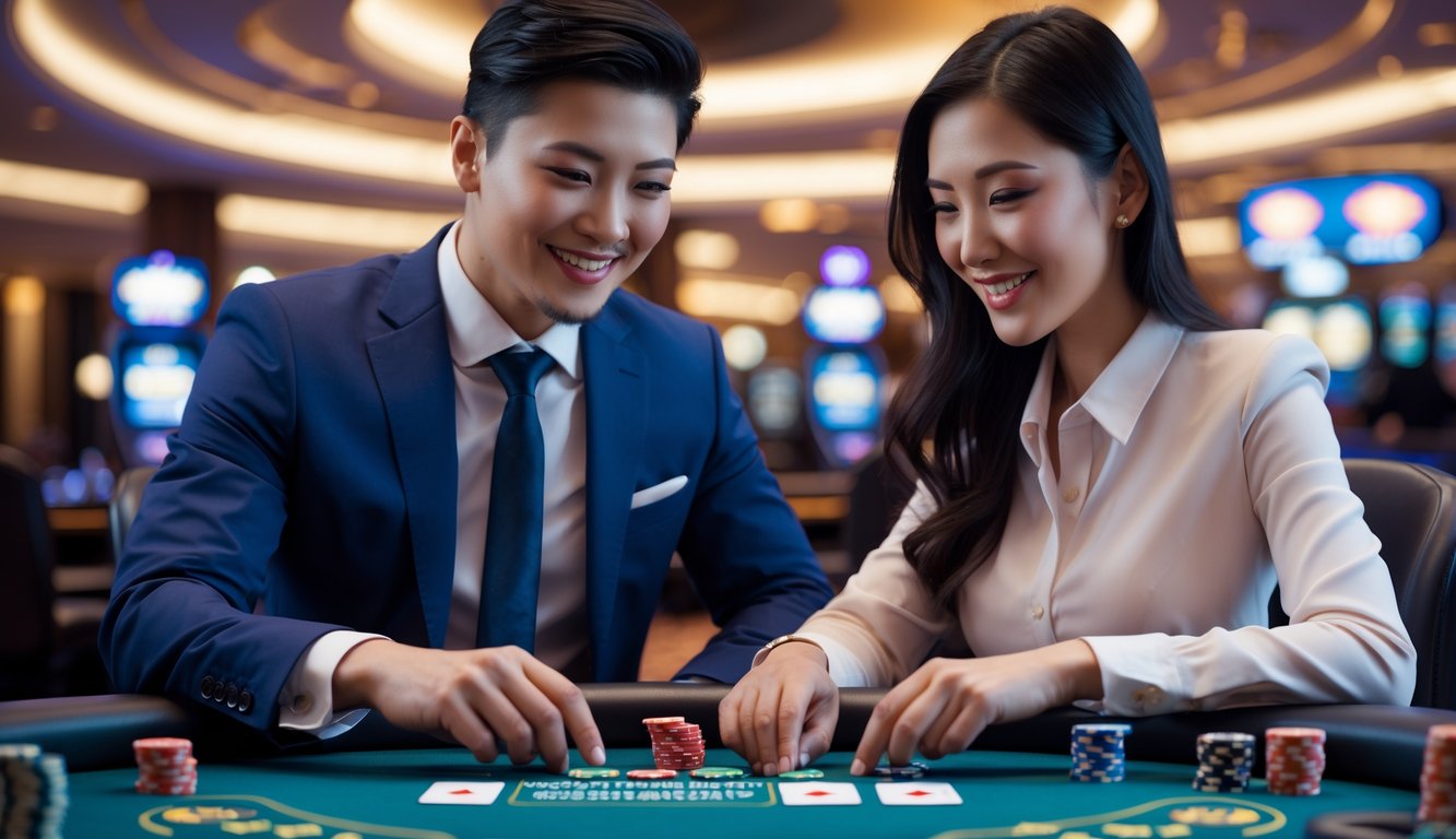 Seorang pria dan wanita bermain blackjack di meja kasino modern dengan suasana profesional dan pencahayaan elegan.