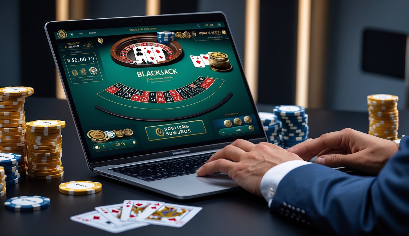 Seorang profesional menggunakan laptop dengan tampilan meja blackjack digital dan tumpukan chip poker di meja.