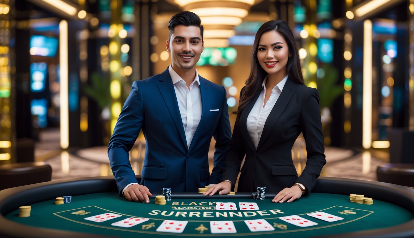 Dua dealer kasino profesional berdiri di belakang meja blackjack dengan kartu dan chip, di dalam suasana kasino mewah yang terang dan elegan.