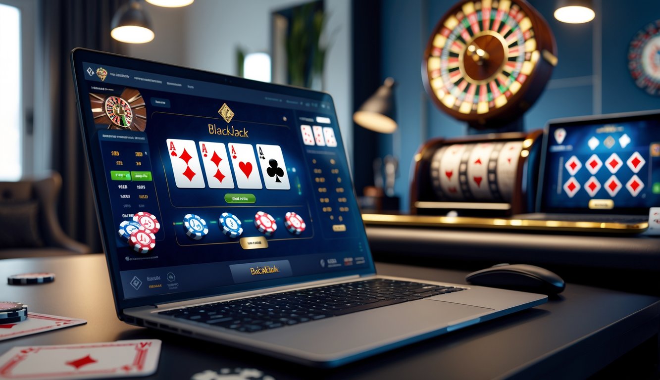 Sebuah ruangan modern dengan komputer yang menampilkan permainan blackjack online dengan kartu dan chip di layar.