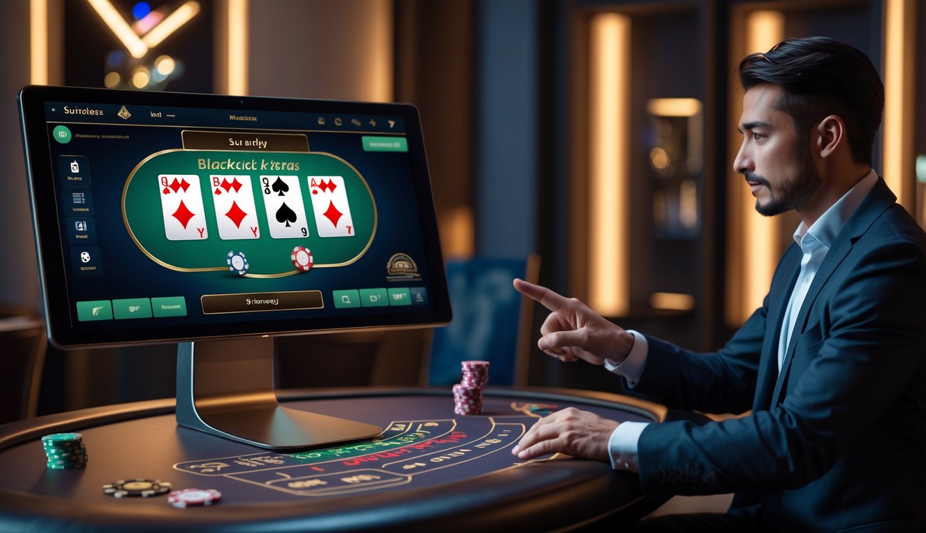 Seorang pemain sedang menggunakan antarmuka permainan blackjack online di ruangan yang elegan dengan pencahayaan lembut dan dekorasi kasino.