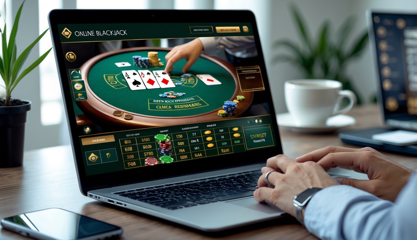 Seseorang bermain blackjack online di laptop di meja kerja dengan suasana terang dan rapi.