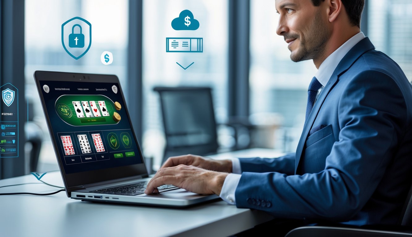 Seorang agen blackjack online yang percaya diri duduk di depan laptop di kantor modern dengan suasana profesional.