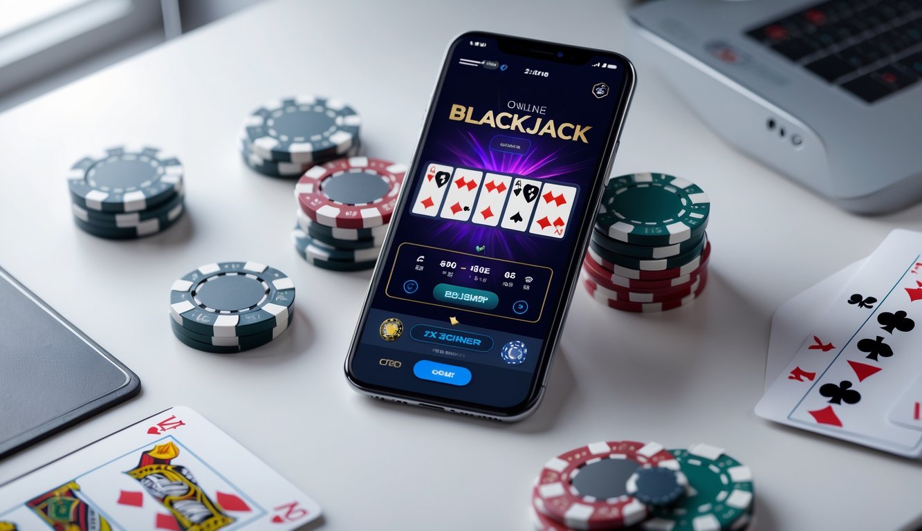 Sebuah ponsel menampilkan permainan blackjack online dengan kartu dan chip di atas meja yang rapi.