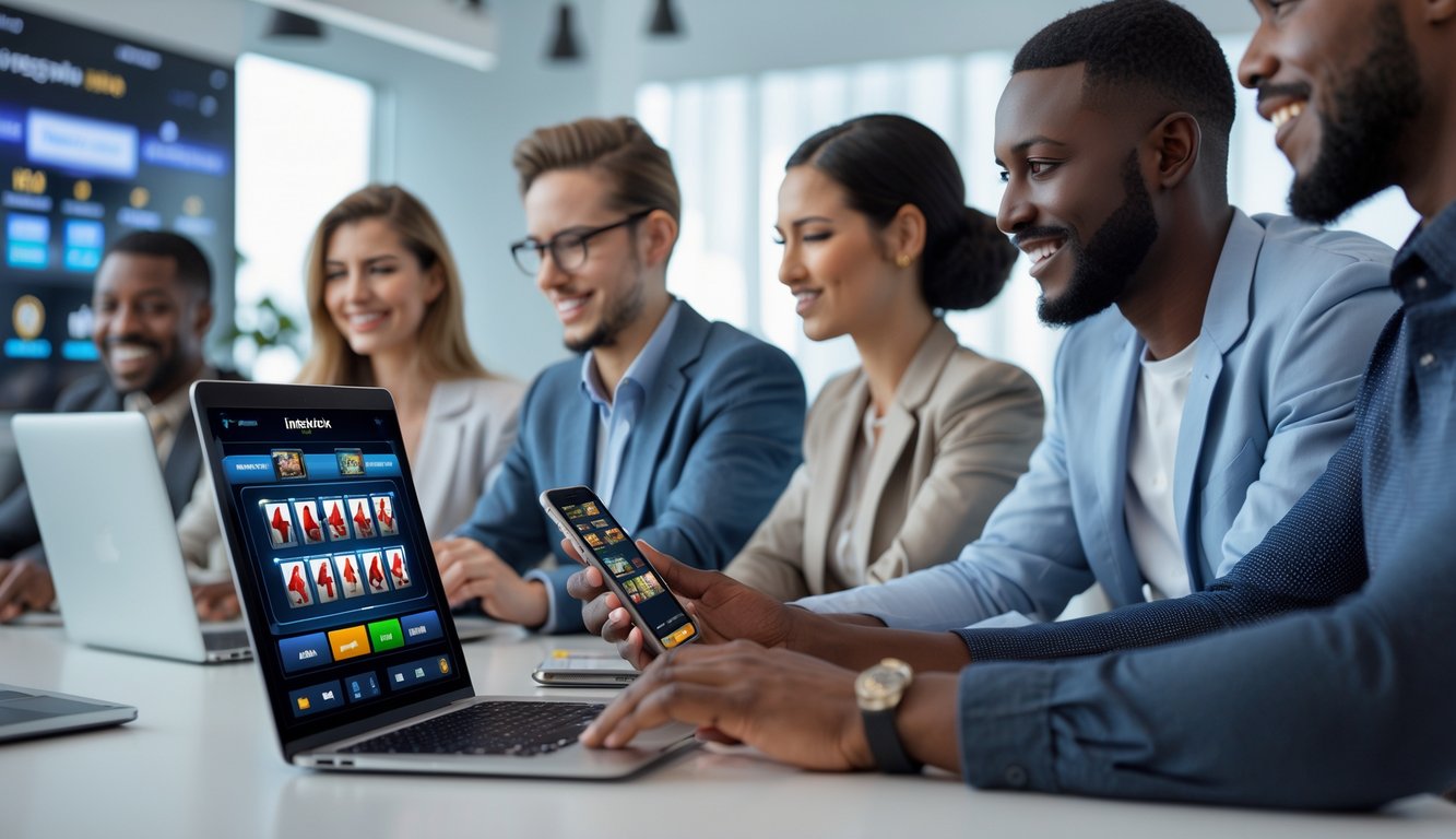 Sekelompok orang bekerja bersama dengan perangkat mobile di kantor modern, menunjukkan suasana profesional dan teknologi permainan blackjack online.