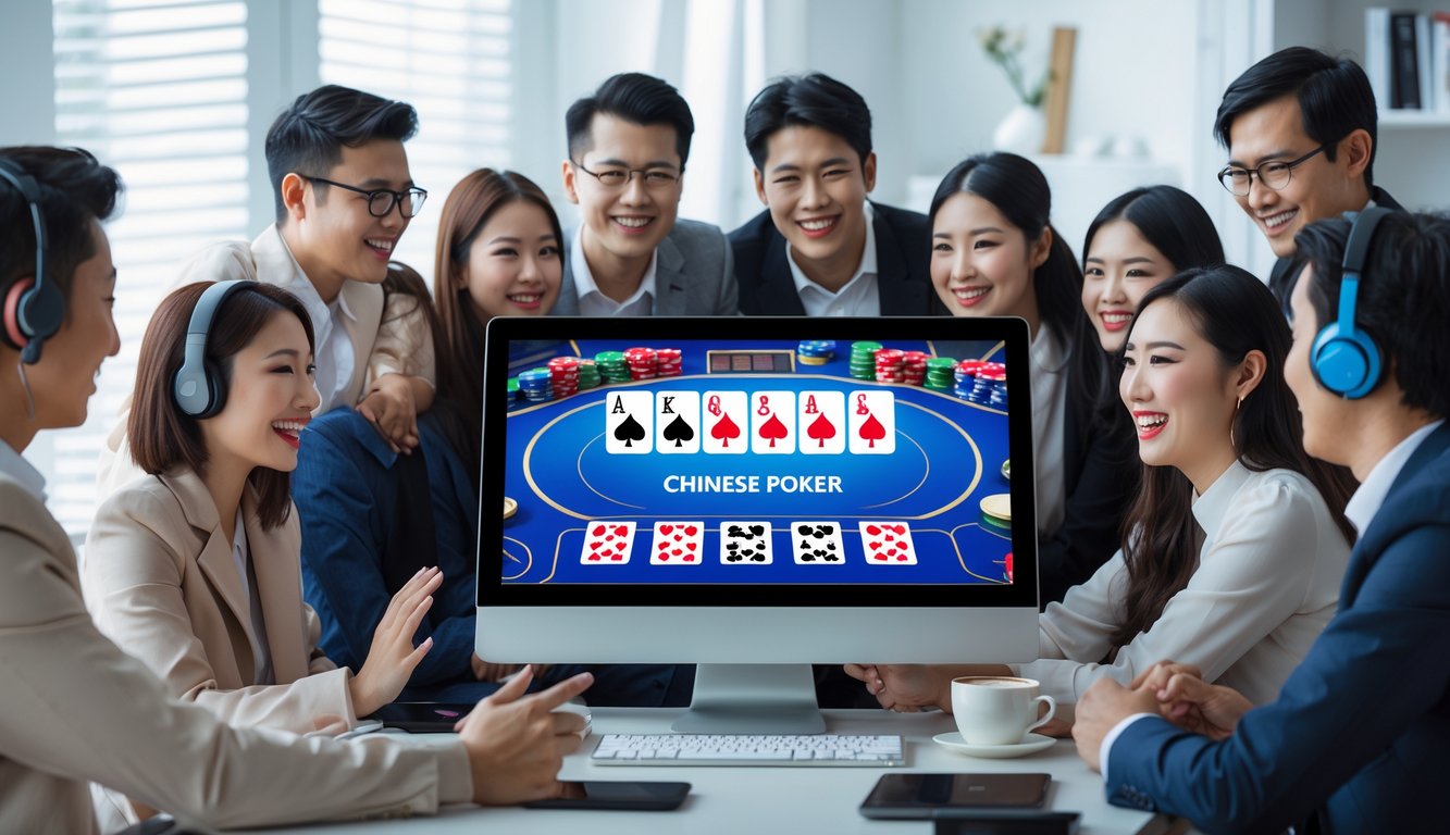 Sekelompok orang muda sedang bermain poker Cina online di depan komputer di ruangan yang terang dan modern.