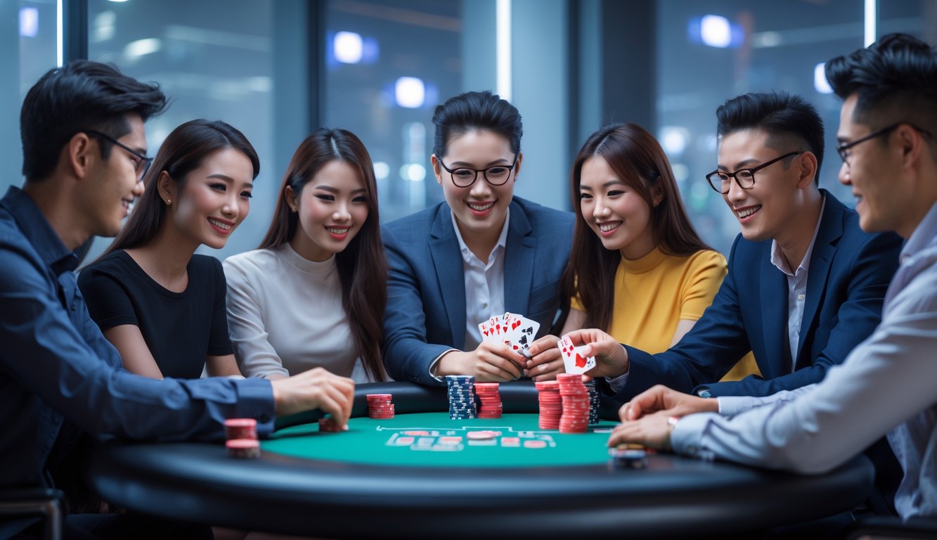 Sekelompok orang muda bermain Chinese Poker bersama di meja dengan suasana fokus dan senang di ruangan modern.