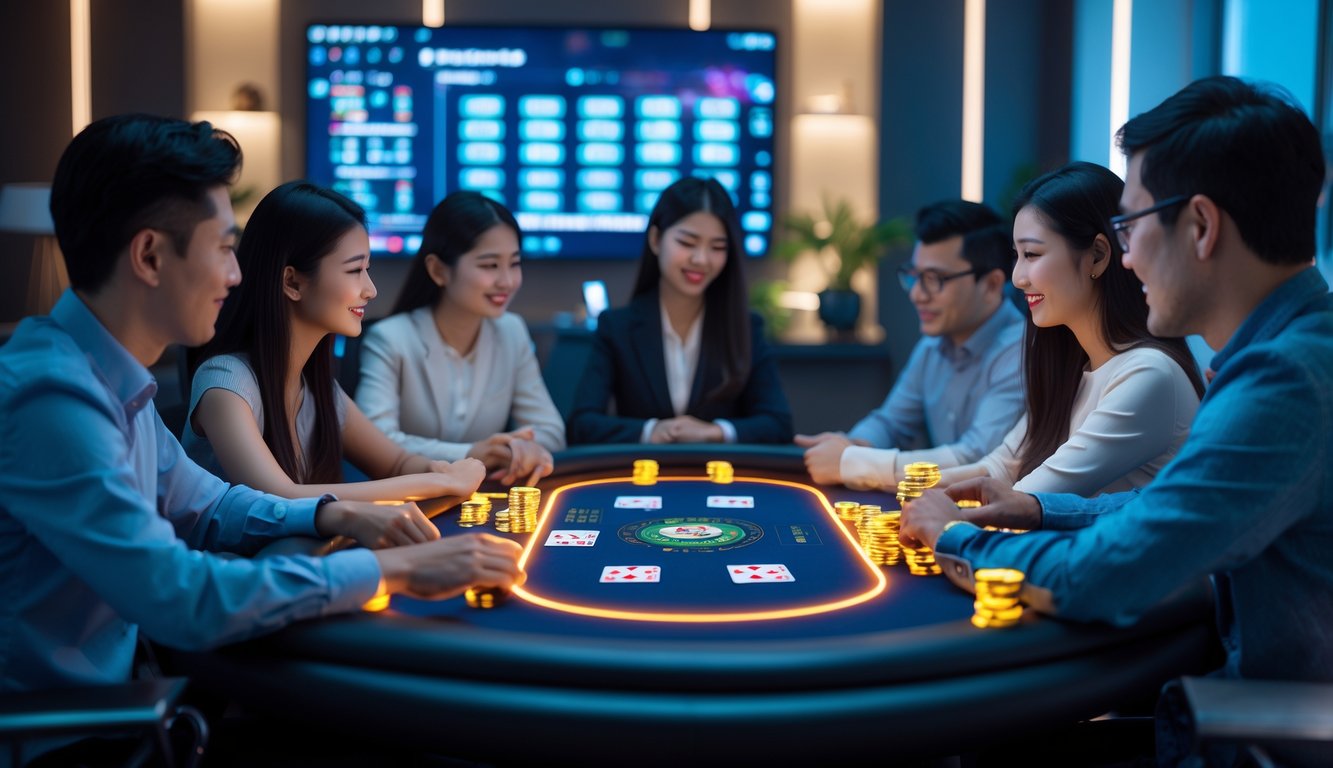 Beberapa orang duduk mengelilingi meja poker digital dengan kartu dan chip yang menyala, di ruangan modern dengan pencahayaan hangat.