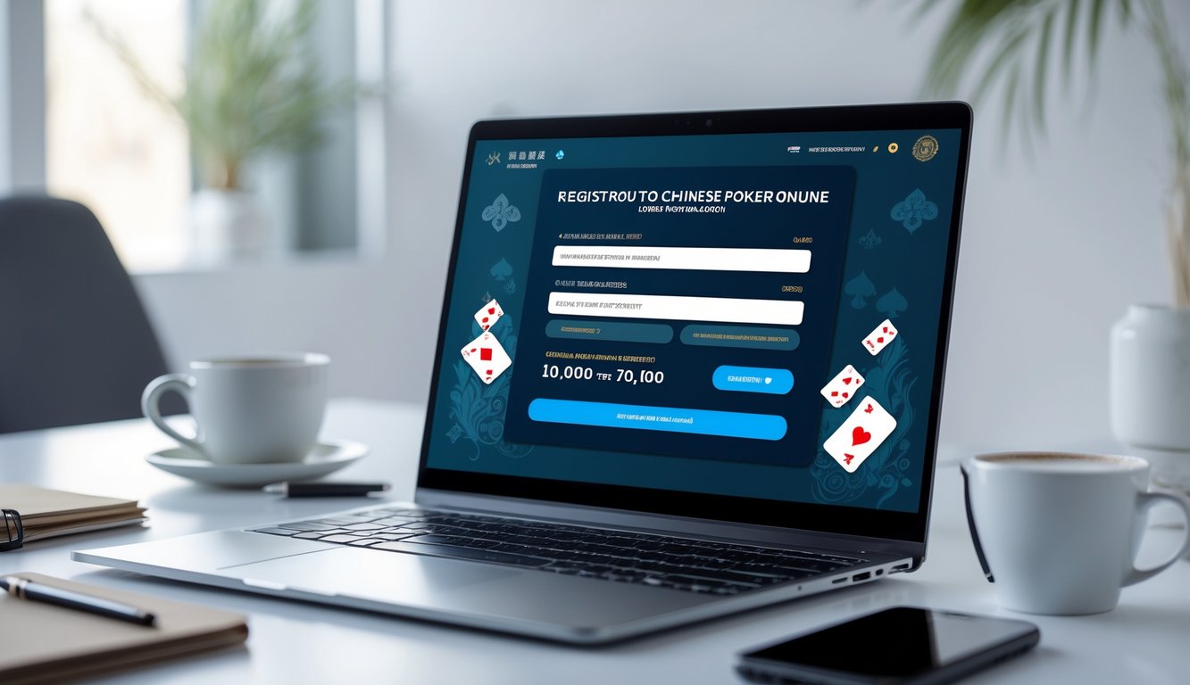 Meja kerja dengan laptop yang menampilkan formulir pendaftaran dan ponsel yang menunjukkan konfirmasi pembayaran, suasana yang rapi dan terang.