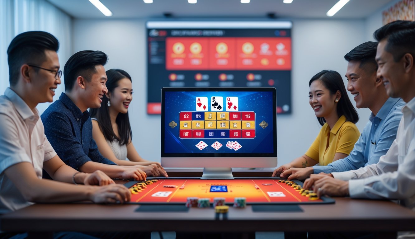 Orang-orang bermain poker Cina secara online di depan komputer dalam ruangan dengan dekorasi batik.