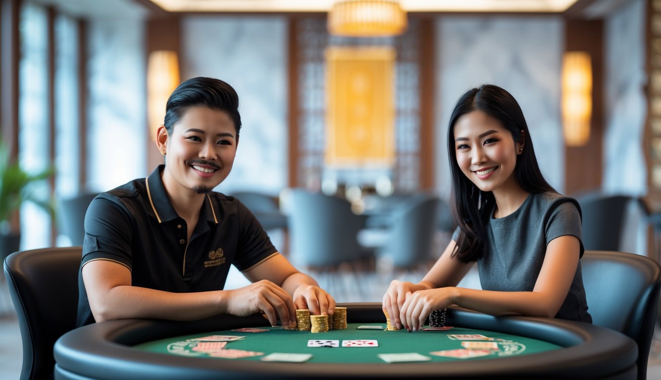 Dua orang sedang bermain Chinese Poker di meja permainan modern dengan suasana yang cerah dan ramah.