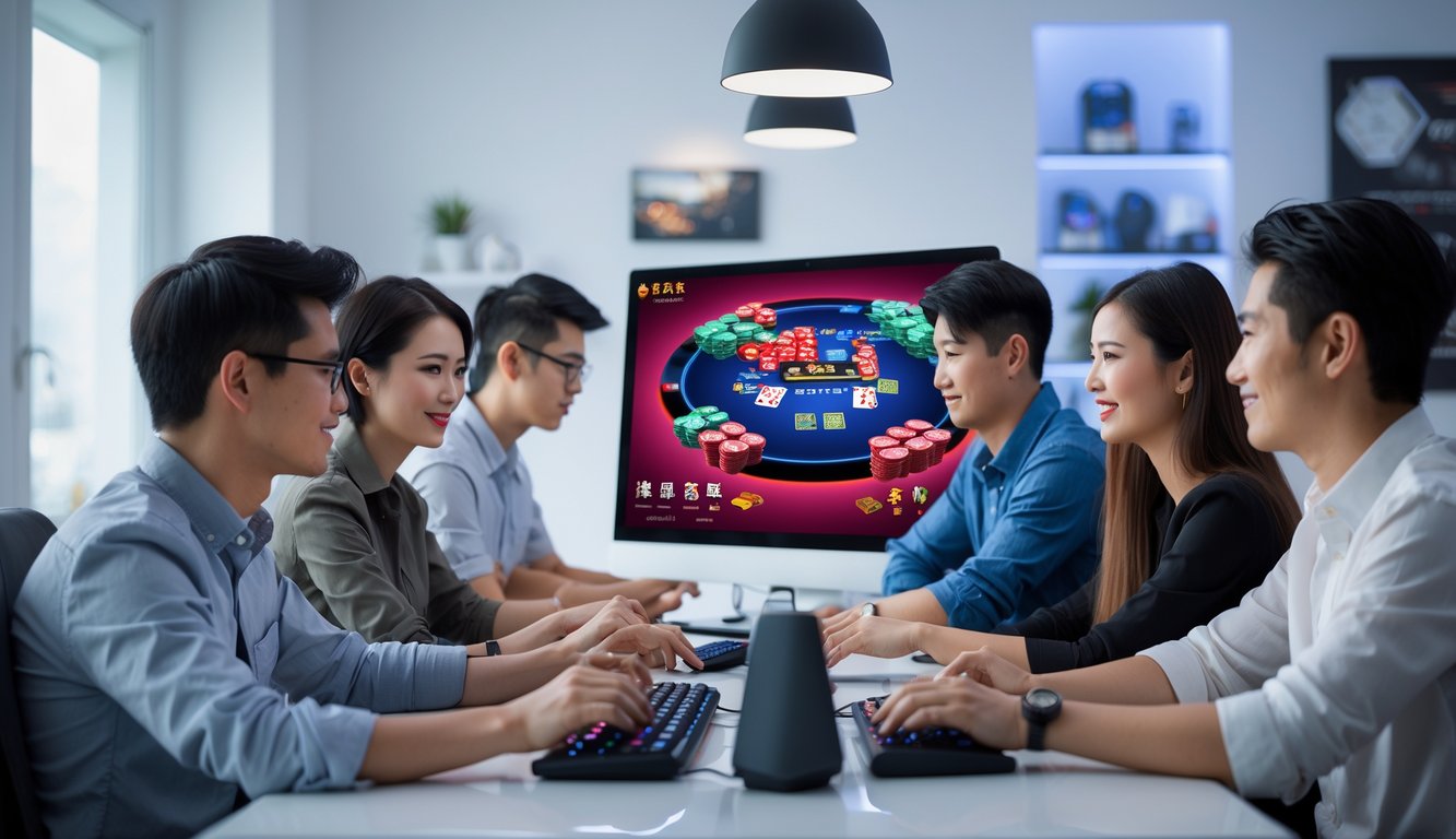 Beberapa orang muda sedang bermain permainan poker China secara online di depan komputer di ruangan yang rapi dan terang.