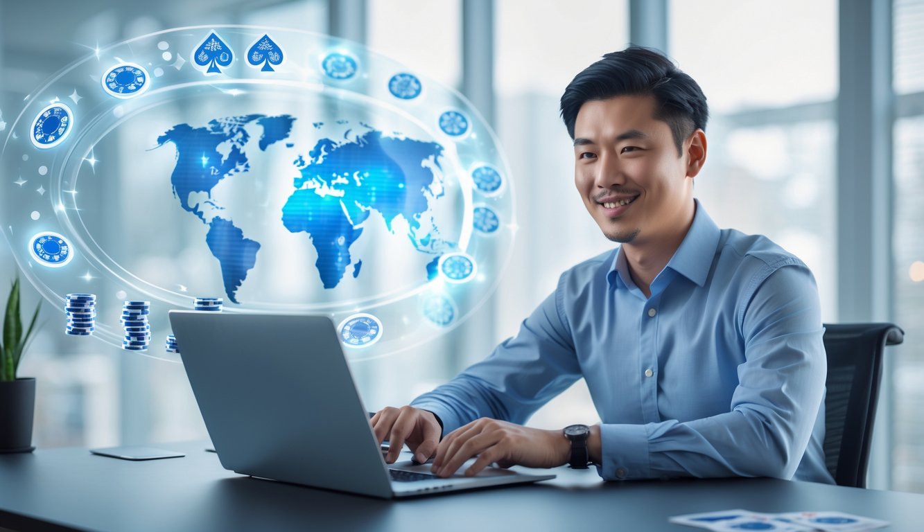 Seorang pria Asia duduk di meja dengan laptop, dikelilingi oleh grafik permainan poker online dan simbol sistem permainan adil.