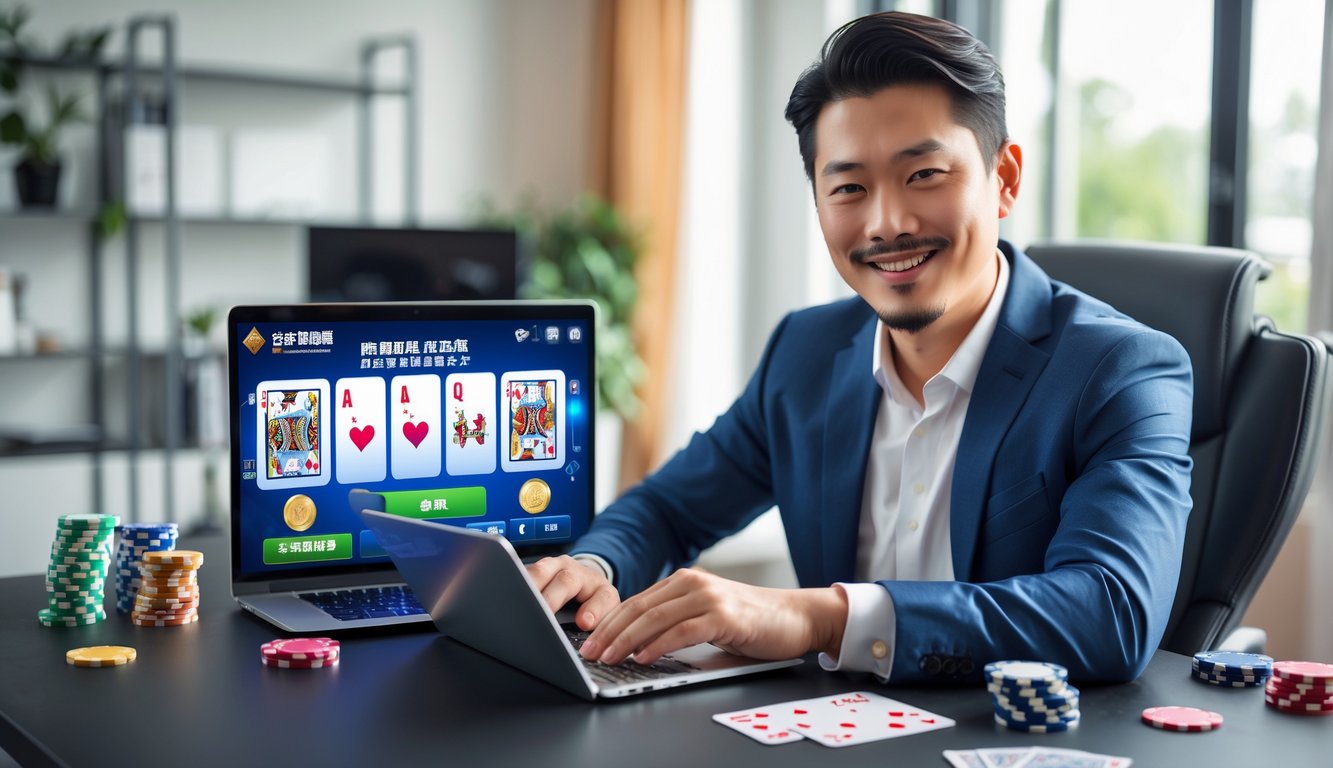 Seorang pria Asia duduk di meja modern menggunakan laptop dengan permainan poker Cina digital, dikelilingi oleh chip poker dan kartu remi di ruang kerja yang rapi.