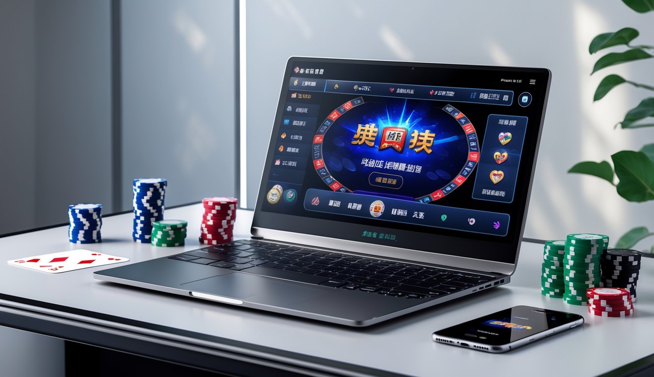 Meja modern dengan laptop menampilkan permainan poker, chip poker, kartu bermain, dan ponsel dengan layar konfirmasi pembayaran.