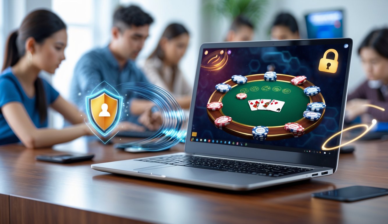 Sebuah meja kerja dengan laptop yang menampilkan permainan Chinese Poker online, dikelilingi oleh simbol keamanan dan kecepatan pembayaran.
