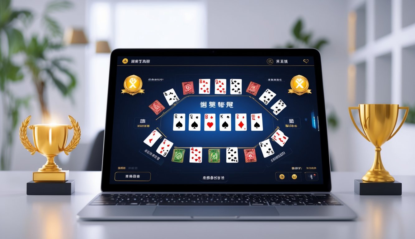 Seseorang menggunakan laptop dengan tampilan kartu poker Cina di layar, dikelilingi oleh simbol jackpot dan trofi di meja kerja yang rapi.
