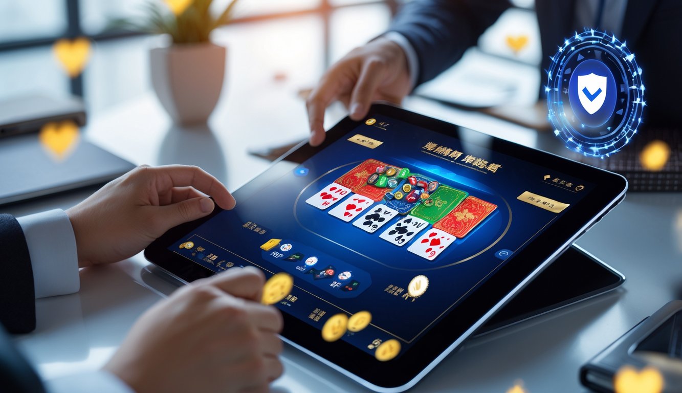 Seseorang sedang bermain Chinese Poker online di perangkat digital dengan tampilan kartu yang jelas dan suasana yang profesional.