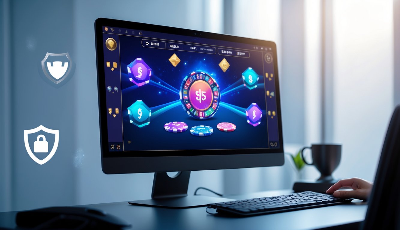 Meja komputer modern dengan layar menampilkan permainan Chinese Poker digital, dilengkapi dengan simbol keamanan dan pencahayaan lembut.