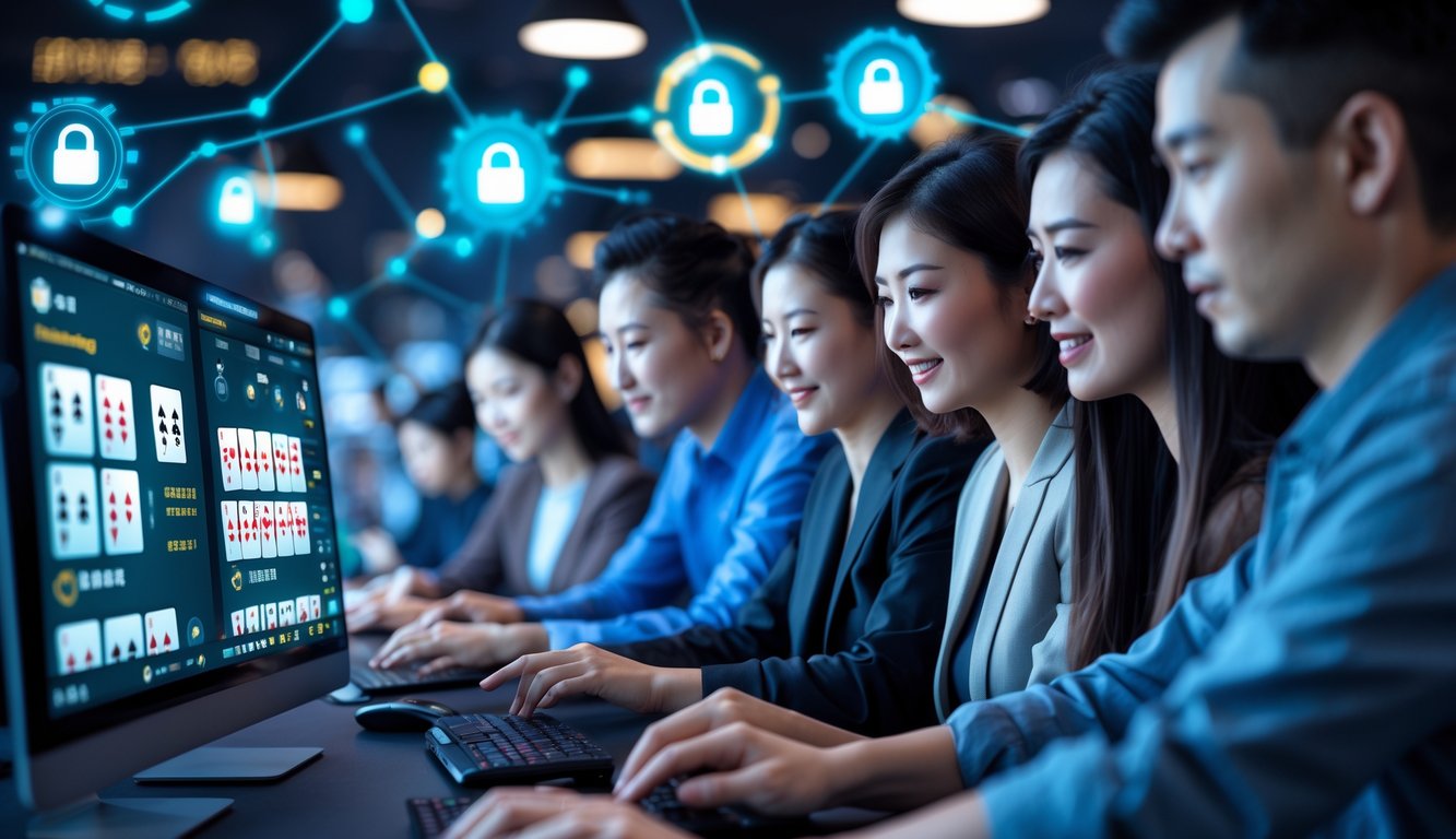 Beberapa orang dewasa bermain poker secara online menggunakan komputer dengan tampilan kartu dan antarmuka permainan di layar.