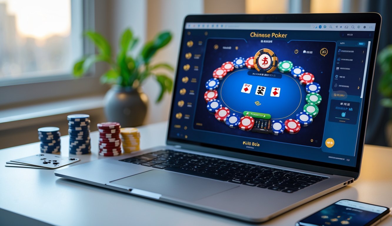 Seseorang bermain poker Cina secara online di komputer dengan chip poker dan kartu di meja.