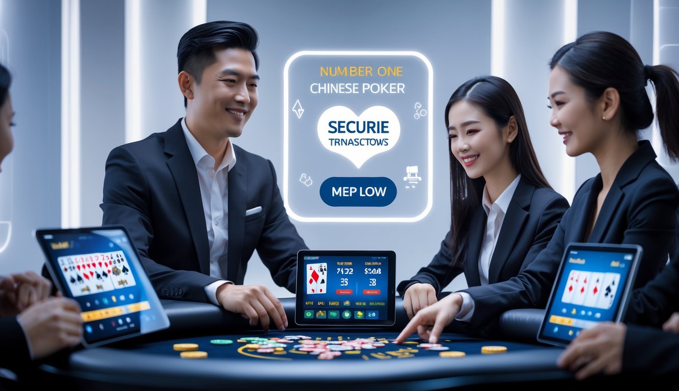 Dua pemain poker Asia duduk di meja poker modern dengan perangkat digital, menunjukkan suasana permainan poker online yang terpercaya dan mudah diakses.