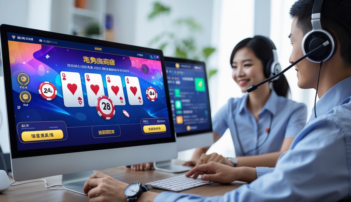 Seorang perwakilan layanan pelanggan dengan headset membantu pemain di depan komputer yang menampilkan permainan Chinese Poker online.