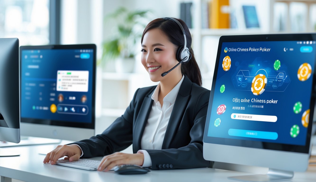 Seorang perwakilan layanan pelanggan sedang bekerja di depan komputer dengan layar permainan poker online, di ruang kantor yang terang dan modern.