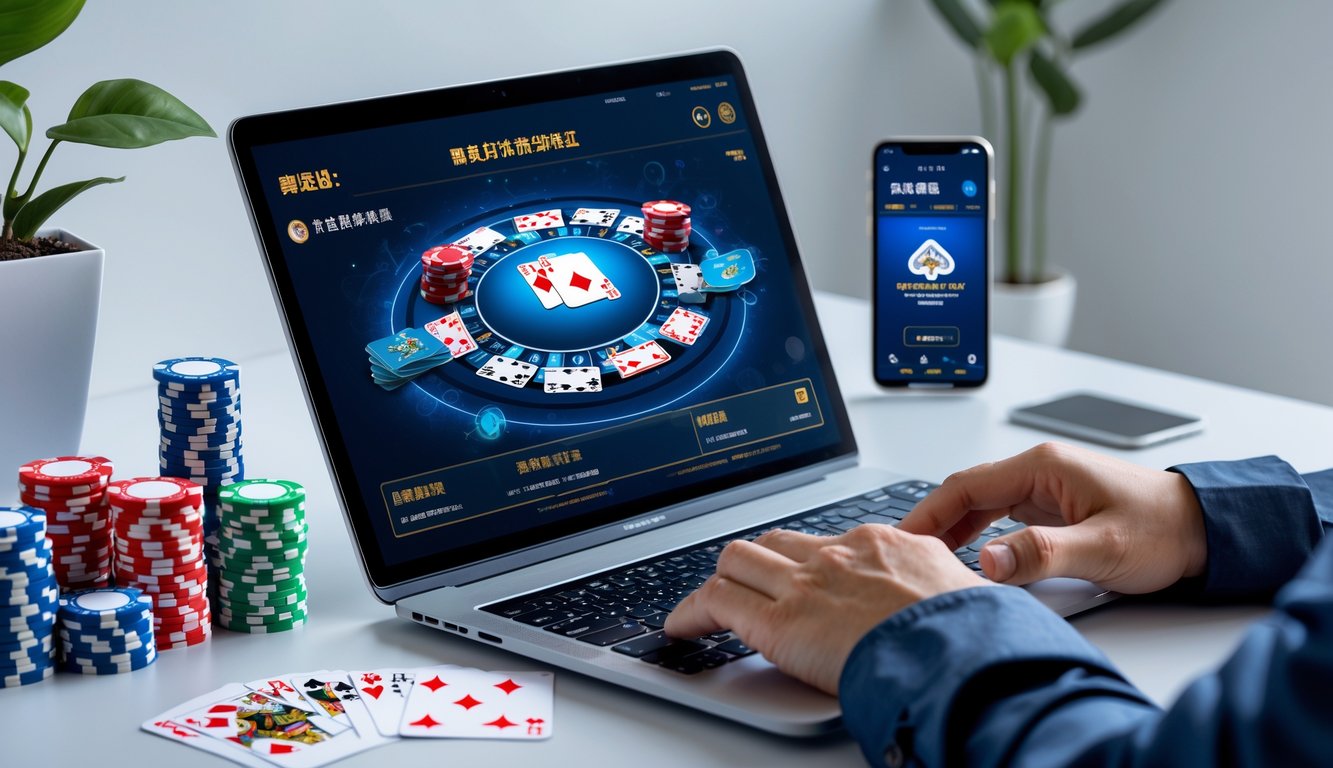 Seseorang sedang bermain poker China online di laptop dengan kartu dan chip poker di meja, menunjukkan suasana kerja yang profesional dan aman.