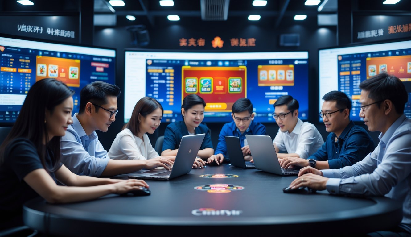 Sekelompok orang bermain Chinese Poker secara online menggunakan laptop dan ponsel di ruangan modern yang terang.